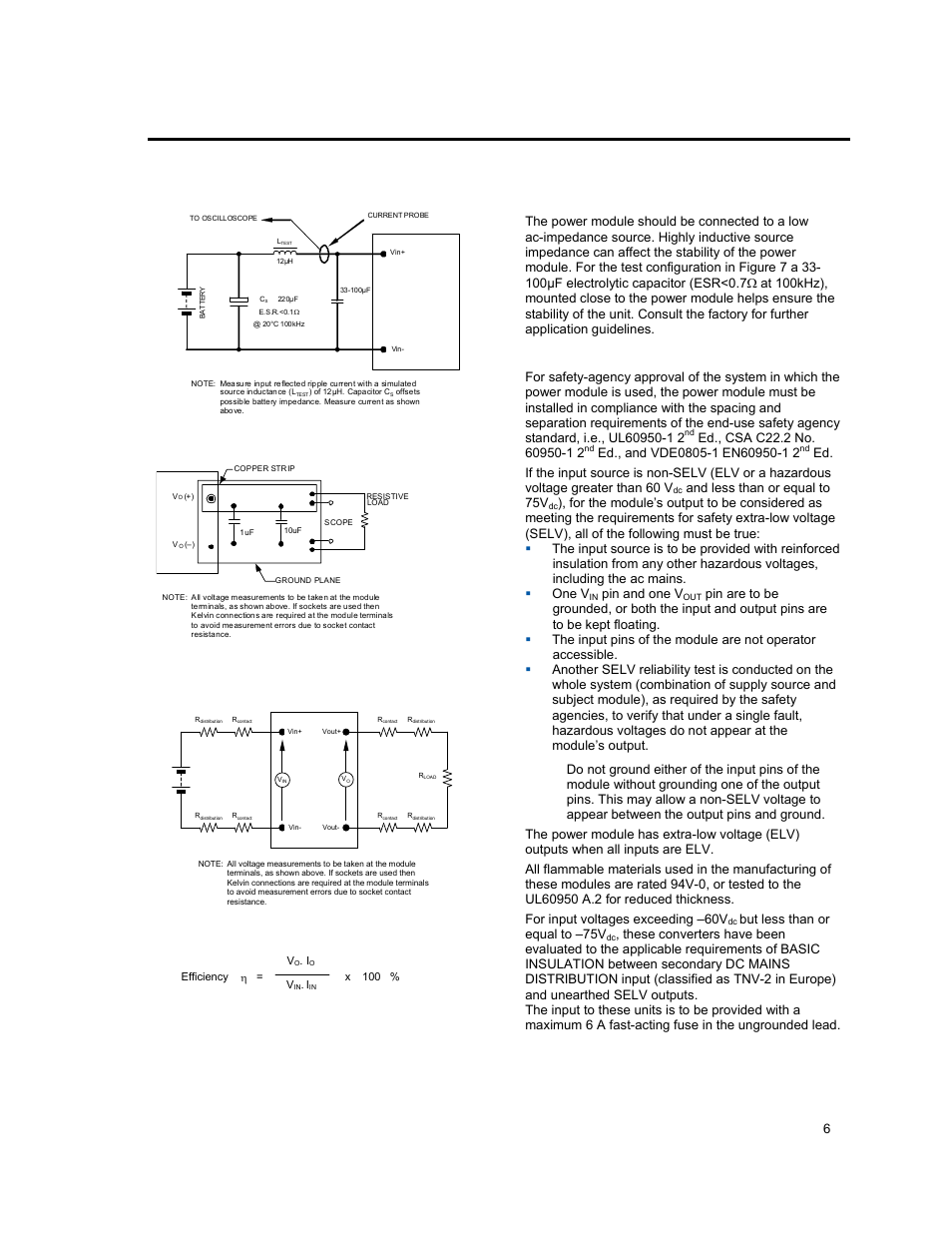 Test configurations, Design considerations, Safety considerations | Input filtering, Lineage power 6, Figure 8. output ripple and noise test setup, Figure 9. output voltage and efficiency test setup, And less than or equal to 75v, Pin and one v, But less than or equal to –75v | GE Industrial Solutions EVW020A0S6R0 Series (Eighth-Brick) User Manual | Page 6 / 19