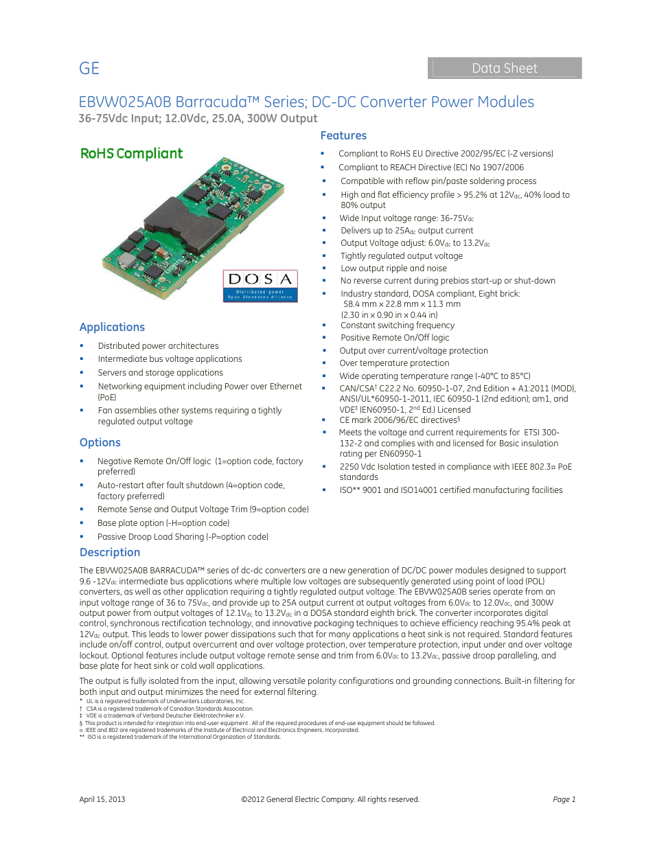 GE Industrial Solutions EBVW025A0B Barracuda Series User Manual | 17 pages