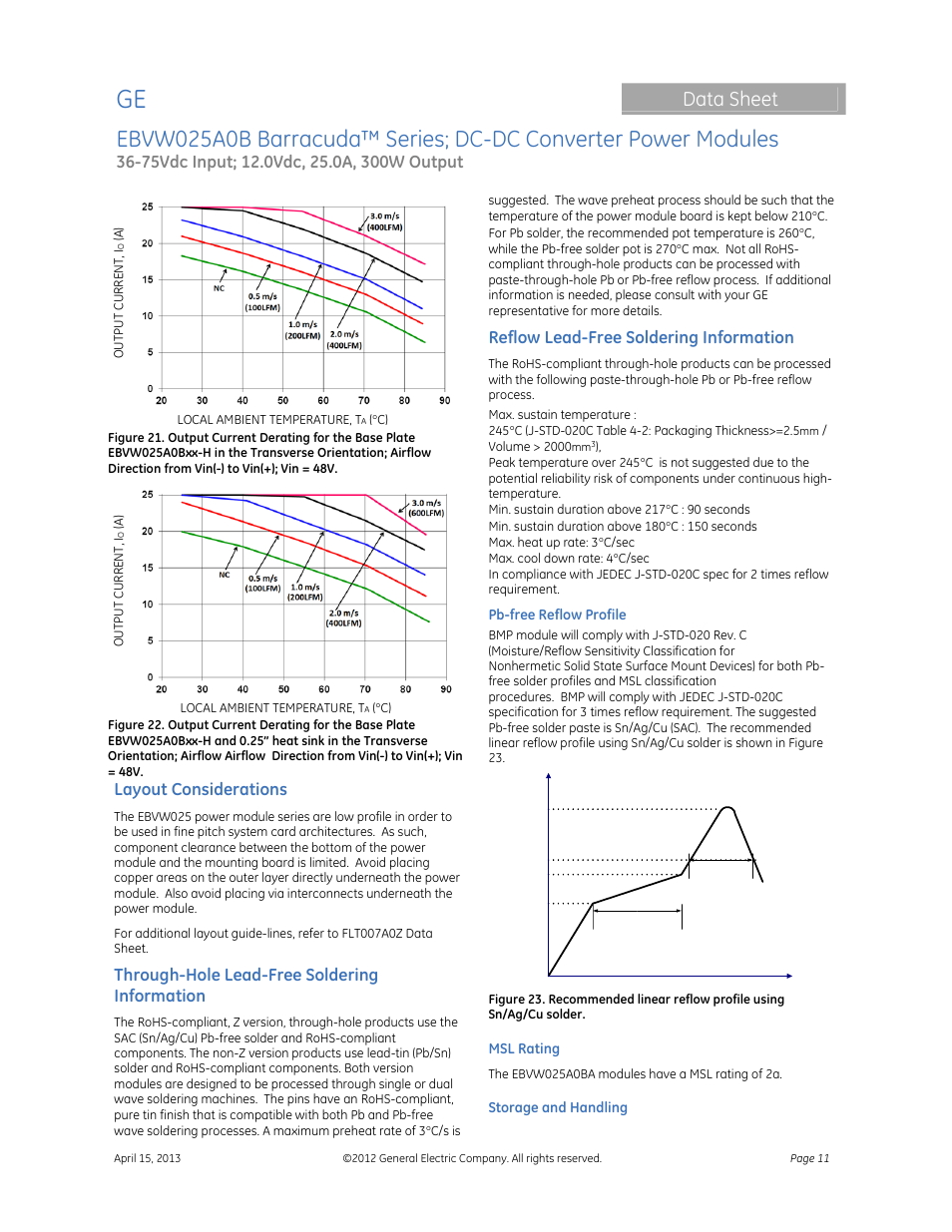 Data sheet, Layout considerations, Through-hole lead-free soldering information | Reflow lead-free soldering information | GE Industrial Solutions EBVW025A0B Barracuda Series User Manual | Page 11 / 17