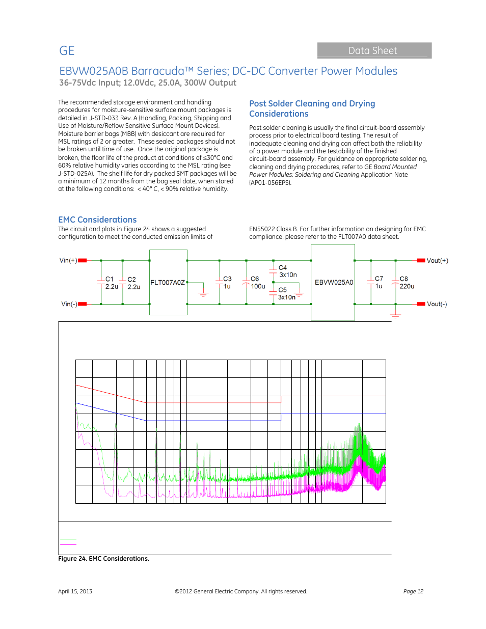 Data sheet, Post solder cleaning and drying considerations, Emc considerations | GE Industrial Solutions EBVW025A0B Barracuda Series User Manual | Page 12 / 17