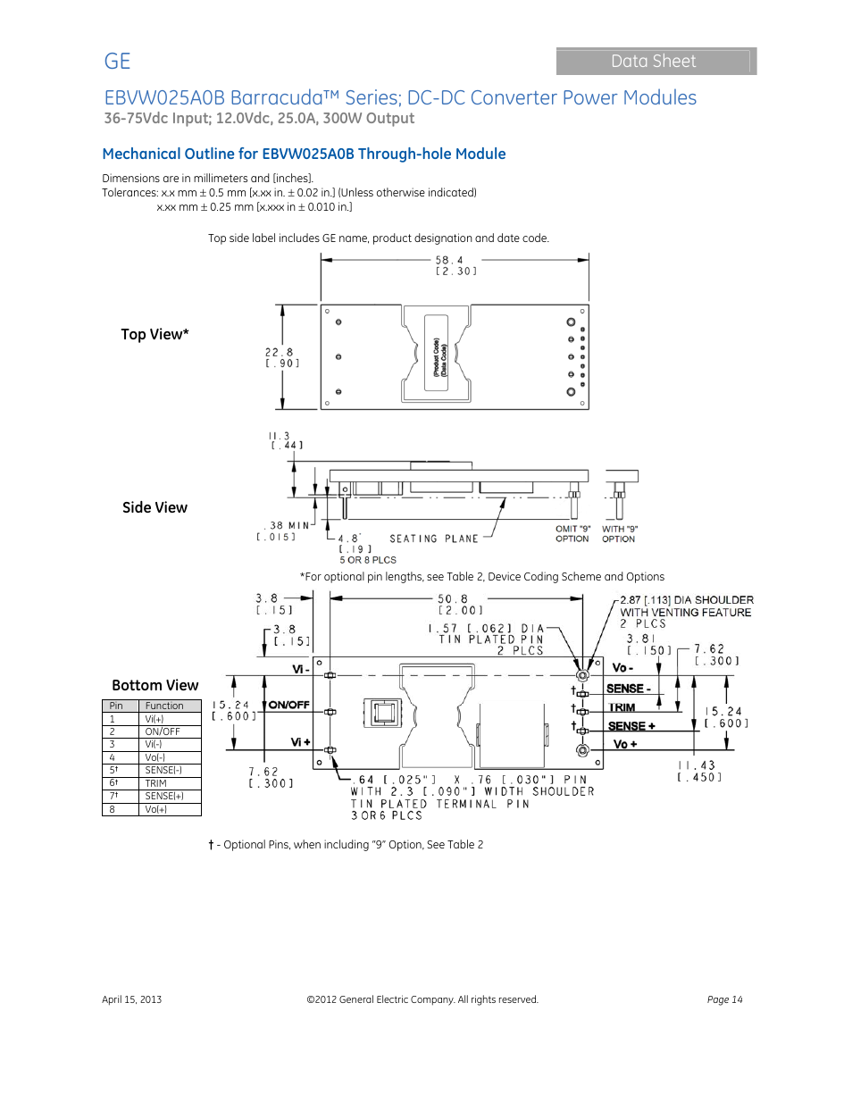 Data sheet | GE Industrial Solutions EBVW025A0B Barracuda Series User Manual | Page 14 / 17