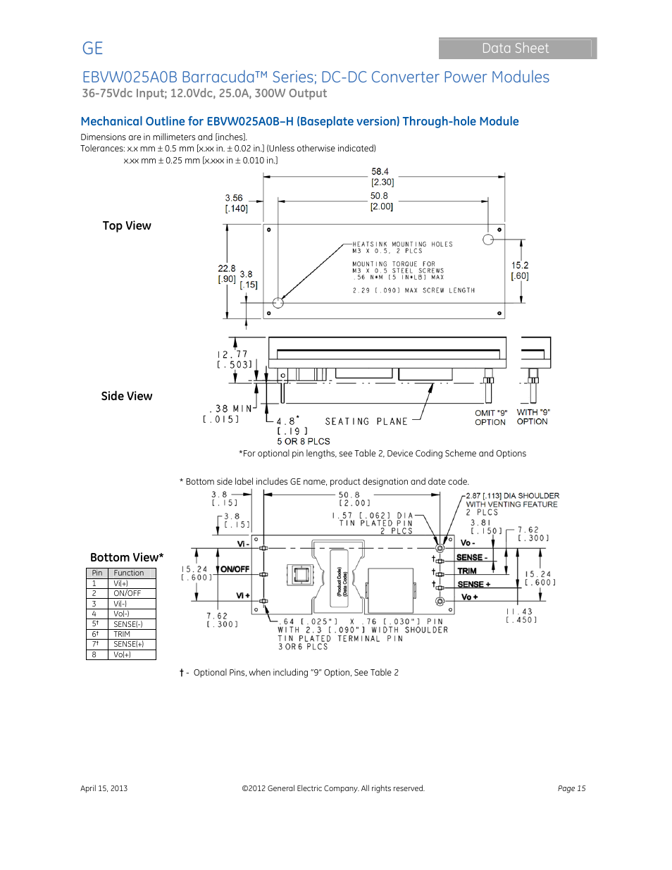 Data sheet | GE Industrial Solutions EBVW025A0B Barracuda Series User Manual | Page 15 / 17