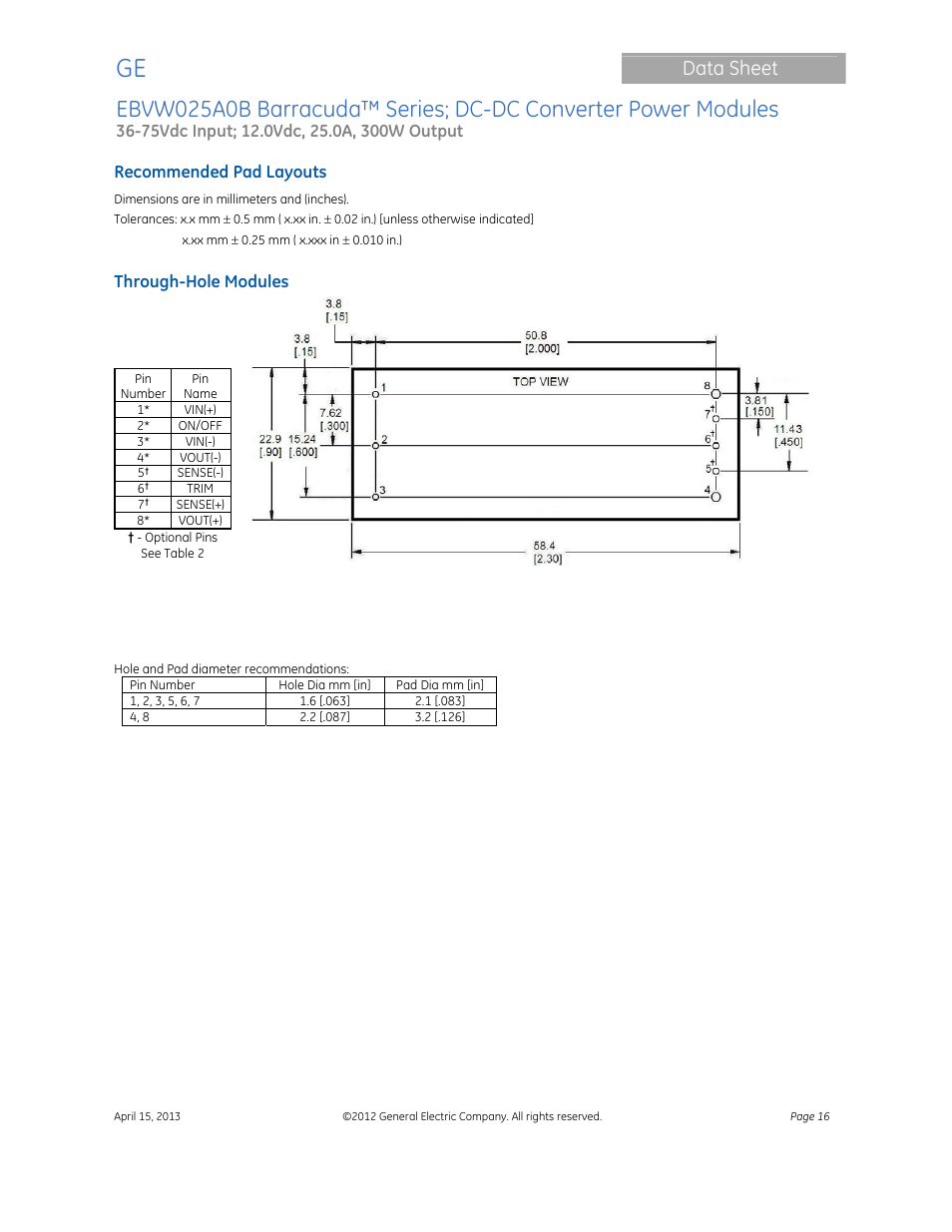 Data sheet | GE Industrial Solutions EBVW025A0B Barracuda Series User Manual | Page 16 / 17
