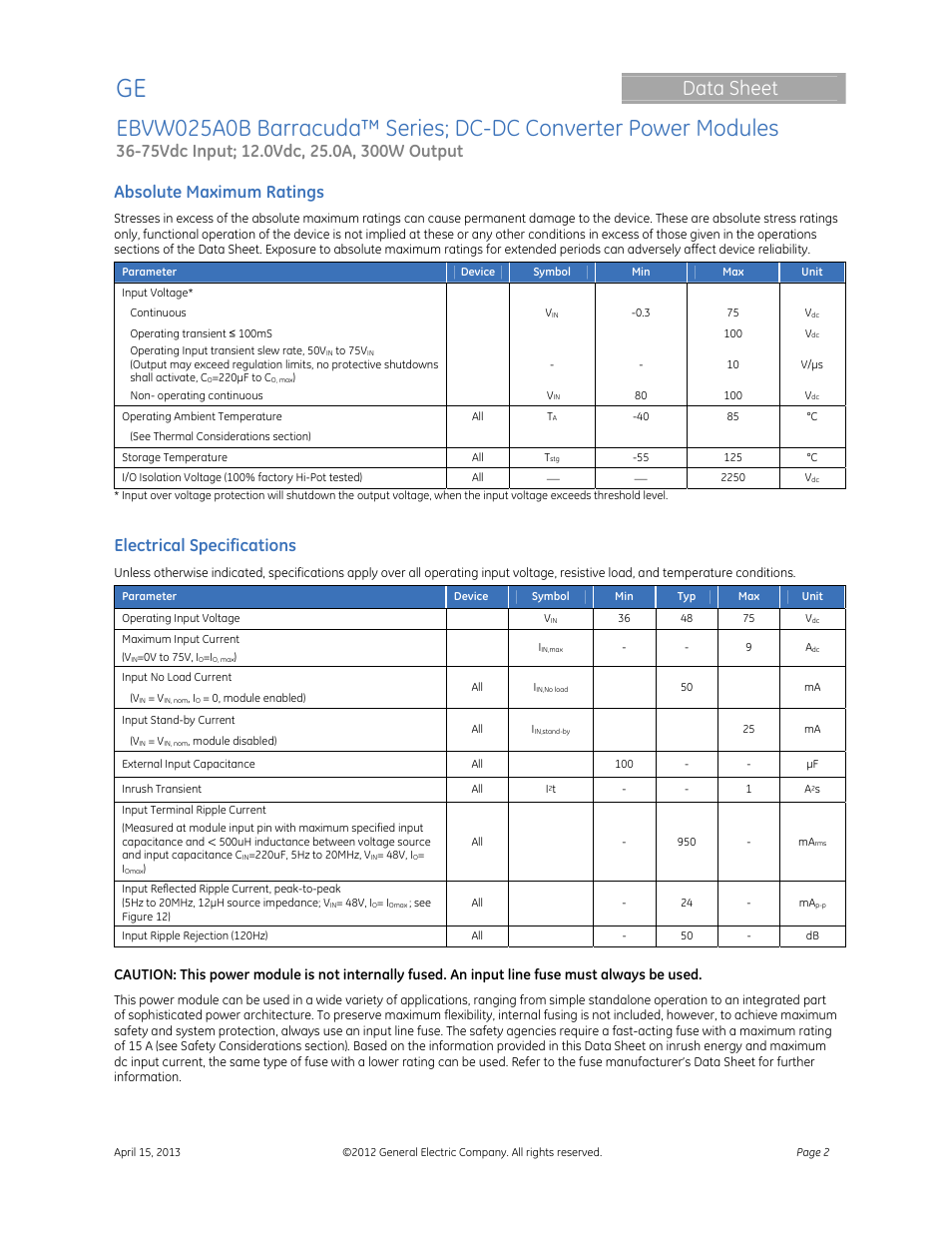 Data sheet, Absolute maximum ratings, Electrical specifications | GE Industrial Solutions EBVW025A0B Barracuda Series User Manual | Page 2 / 17