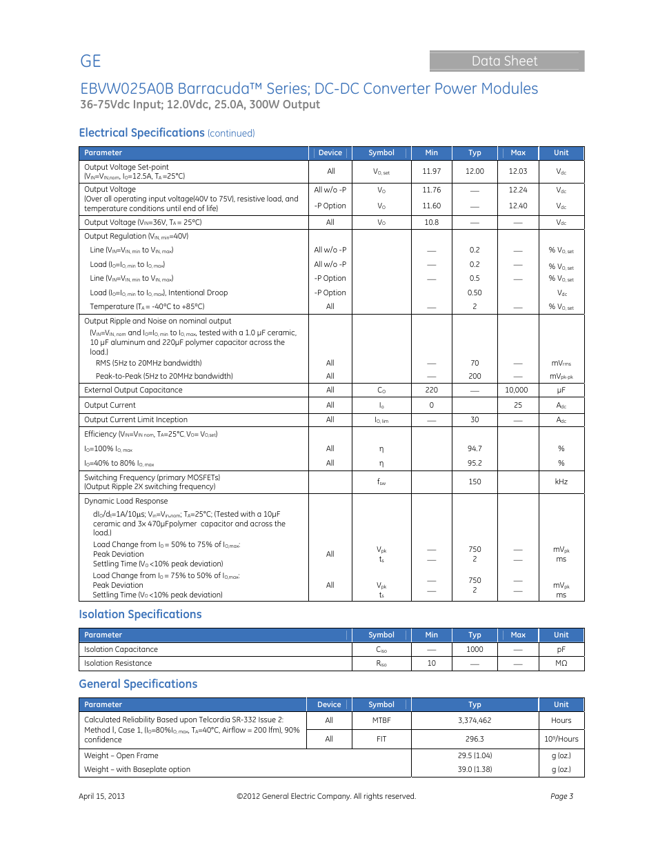 Data sheet, Electrical specifications, Isolation specifications | General specifications, Continued) | GE Industrial Solutions EBVW025A0B Barracuda Series User Manual | Page 3 / 17