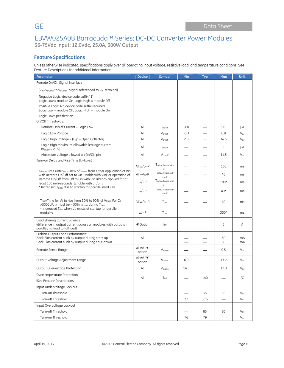 Data sheet, Feature specifications | GE Industrial Solutions EBVW025A0B Barracuda Series User Manual | Page 4 / 17