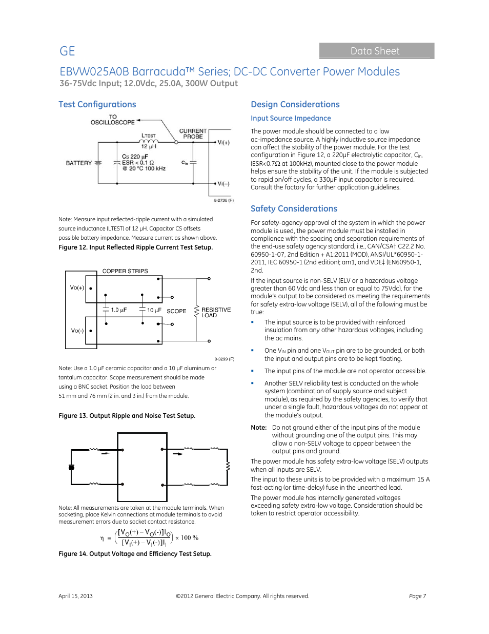 Data sheet, Test configurations, Design considerations | Safety considerations | GE Industrial Solutions EBVW025A0B Barracuda Series User Manual | Page 7 / 17