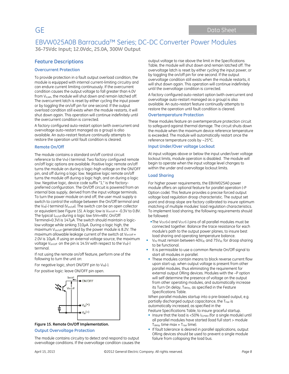 Data sheet, Feature descriptions | GE Industrial Solutions EBVW025A0B Barracuda Series User Manual | Page 8 / 17