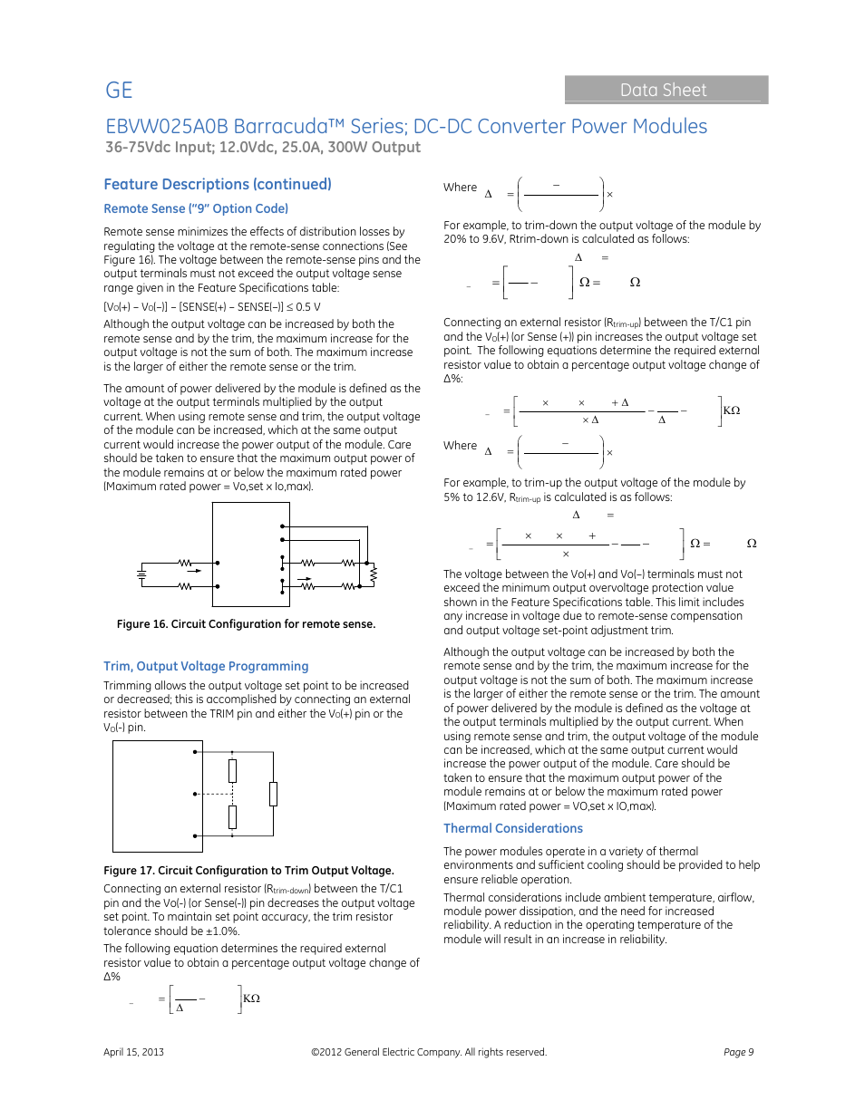 Data sheet, Feature descriptions (continued) | GE Industrial Solutions EBVW025A0B Barracuda Series User Manual | Page 9 / 17