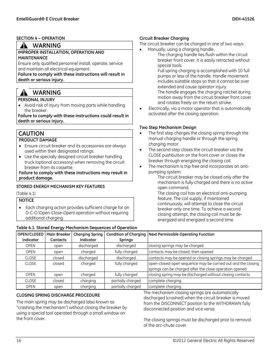 Warning, Caution | GE Industrial Solutions EntelliGuard E Circuit Breaker User Manual | Page 16 / 30