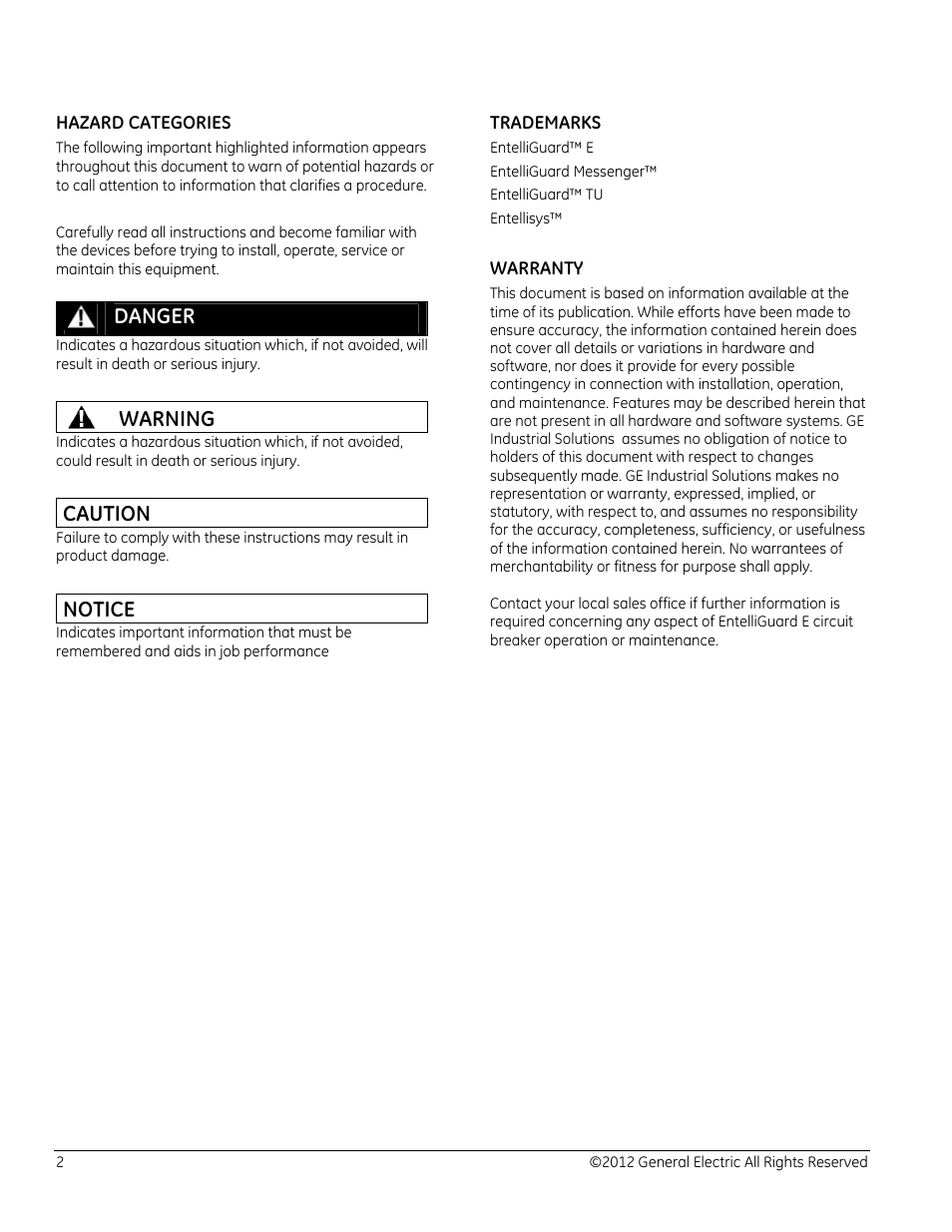 Danger, Warning, Caution | Notice | GE Industrial Solutions EntelliGuard E Circuit Breaker User Manual | Page 2 / 30