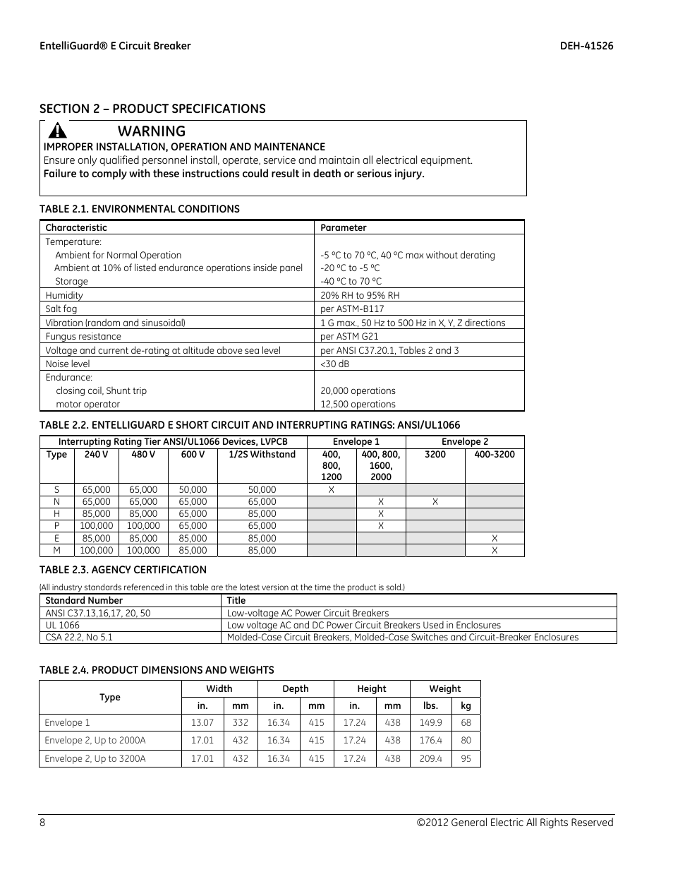 Warning | GE Industrial Solutions EntelliGuard E Circuit Breaker User Manual | Page 8 / 30