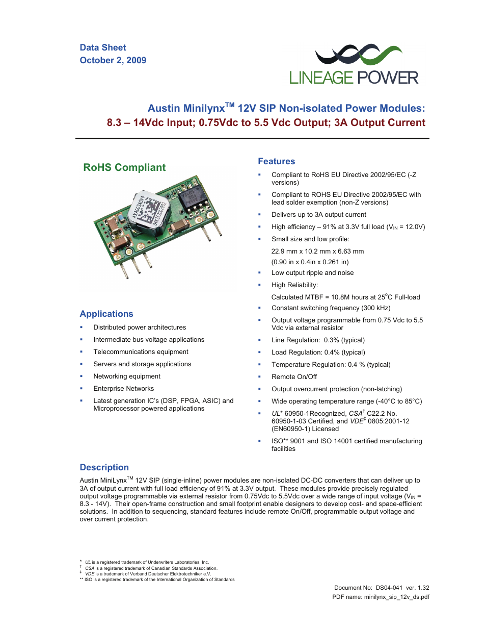 GE Industrial Solutions Austin Minilynx 12V SIP User Manual | 18 pages