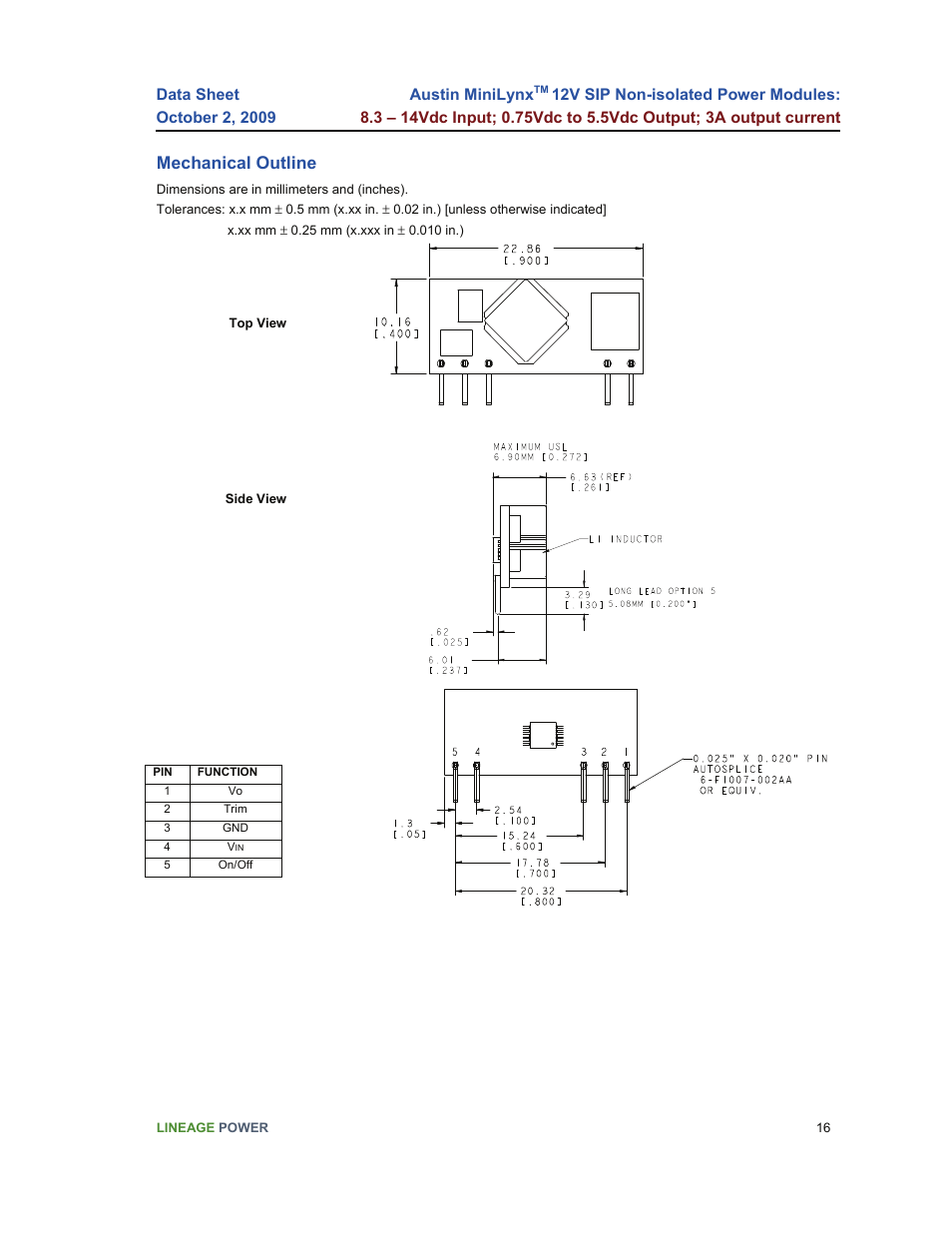 Mechanical outline | GE Industrial Solutions Austin Minilynx 12V SIP User Manual | Page 16 / 18