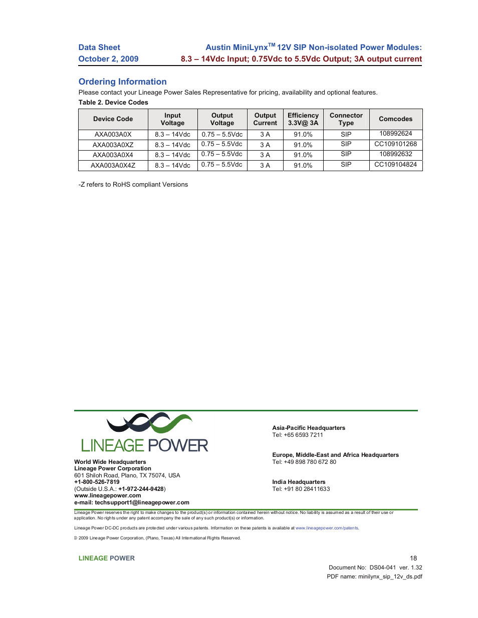 Ordering information | GE Industrial Solutions Austin Minilynx 12V SIP User Manual | Page 18 / 18