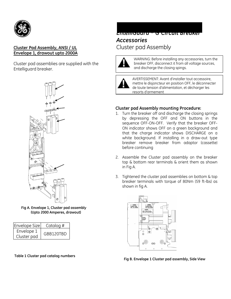 GE Industrial Solutions EntelliGuard G Cluster pad ANSI _ UL Envelope 1, drawout upto 2000A User Manual | 2 pages