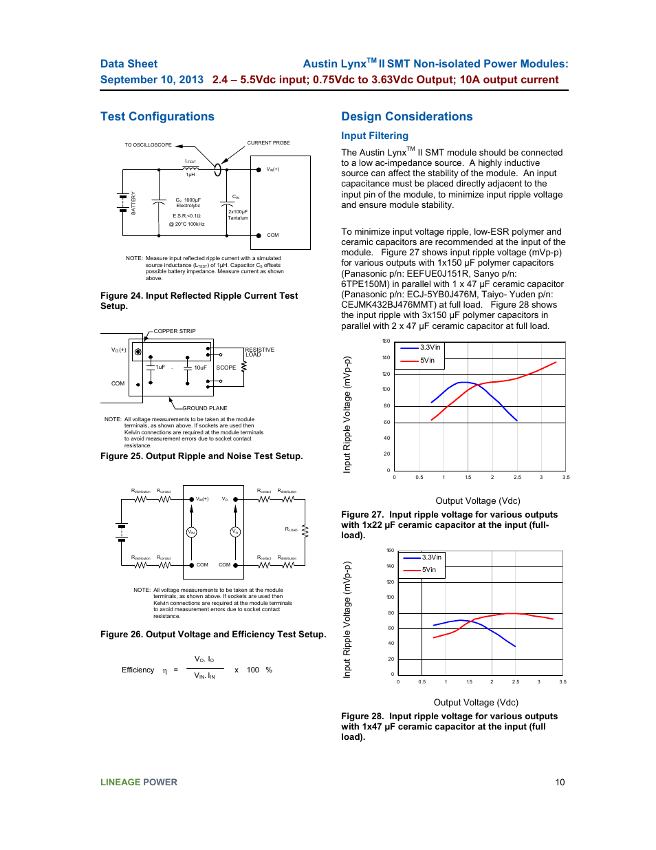 Test configurations, Design considerations, Austin lynx | Input filtering, Lineage power 10, Figure 25. output ripple and noise test setup, The austin lynx | GE Industrial Solutions Austin Lynx II SMT User Manual | Page 10 / 21