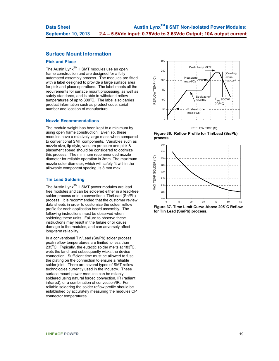 Surface mount information, Austin lynx, Pick and place | Nozzle recommendations, Tin lead soldering | GE Industrial Solutions Austin Lynx II SMT User Manual | Page 19 / 21