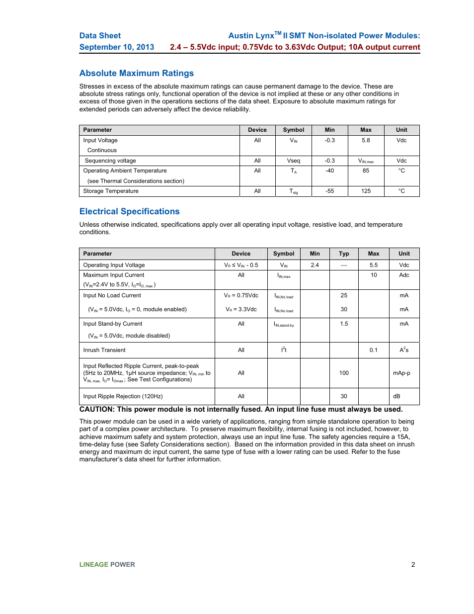 Absolute maximum ratings, Electrical specifications, Austin lynx | GE Industrial Solutions Austin Lynx II SMT User Manual | Page 2 / 21