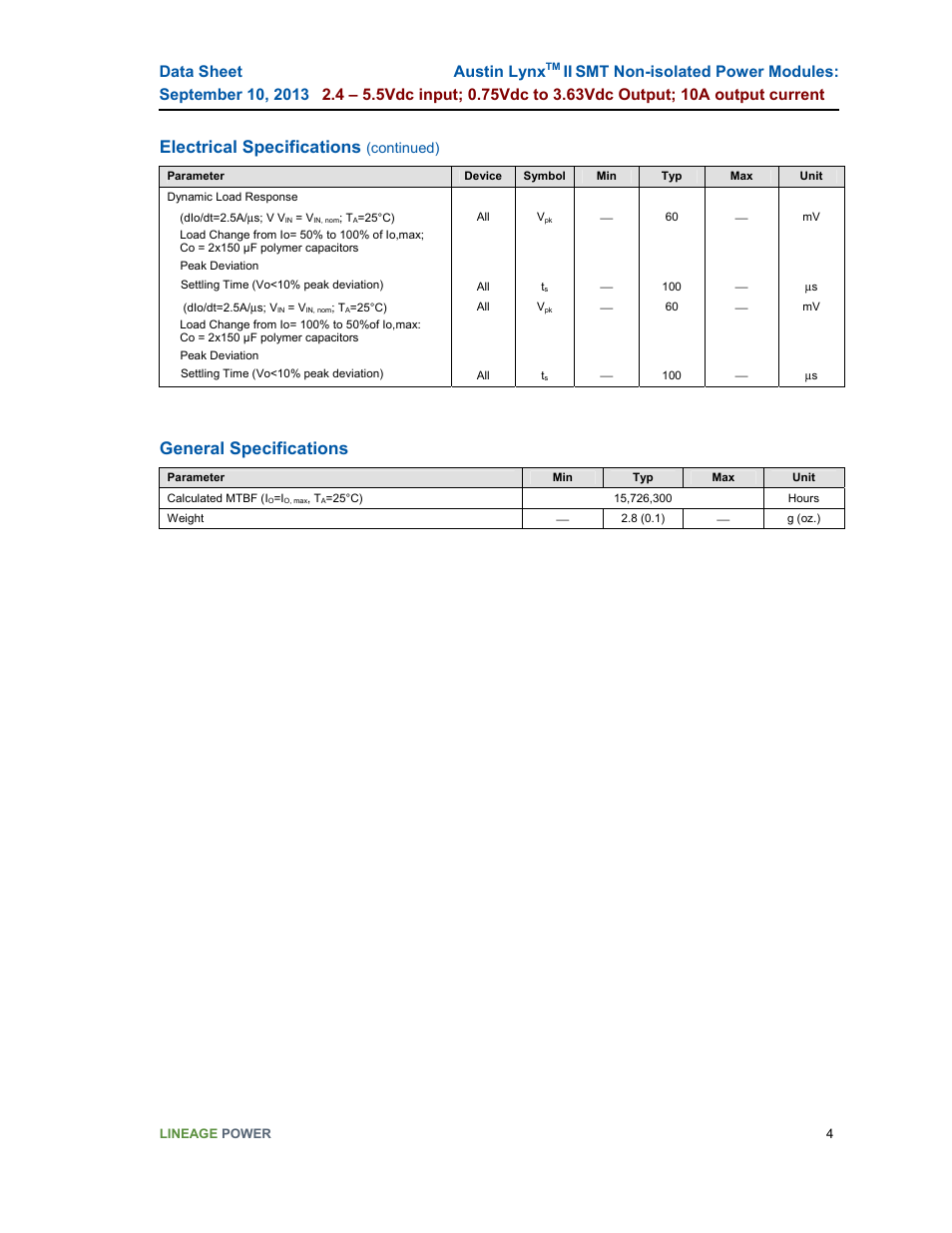 Electrical specifications, General specifications, Austin lynx | GE Industrial Solutions Austin Lynx II SMT User Manual | Page 4 / 21