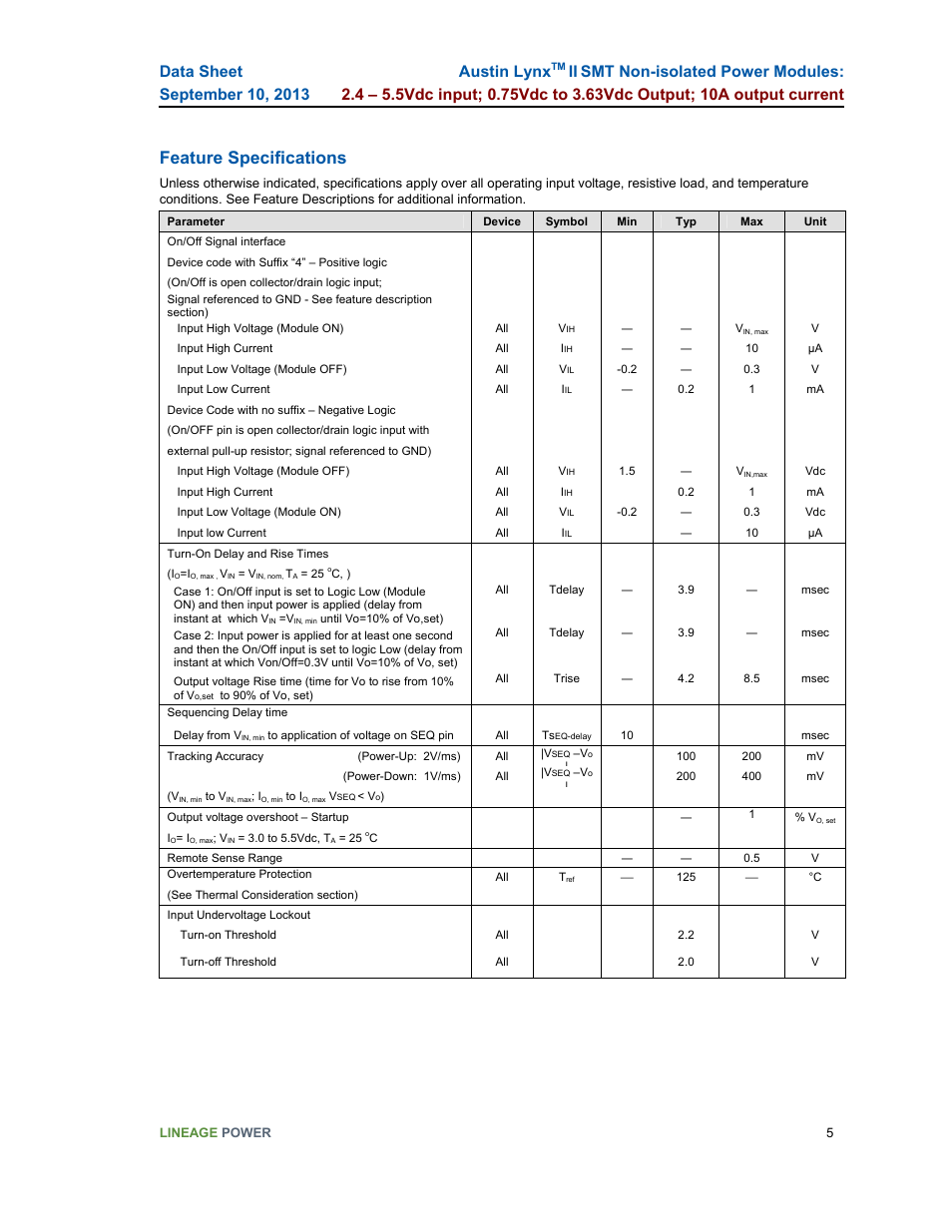 Feature specifications, Austin lynx | GE Industrial Solutions Austin Lynx II SMT User Manual | Page 5 / 21
