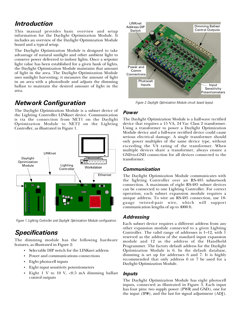 Introduction, Network configuration, Specifications | Power, Communication, Addressing, Inputs | GE Industrial Solutions A Series Lighting Control Panelboards ASRGLCDOK User Manual | Page 2 / 4