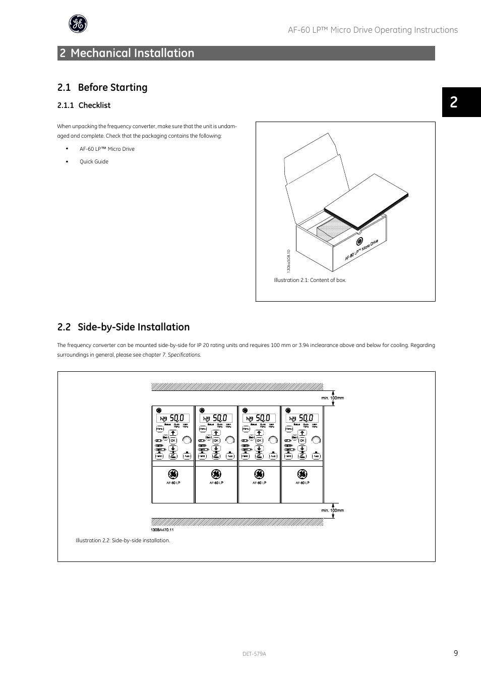 2 mechanical installation, 1 before starting, 2 side-by-side installation | GE Industrial Solutions AF-60 LP Micro Drive Operating Instructions User Manual | Page 10 / 72