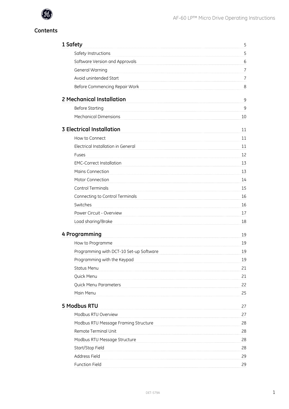 Contents 1 safety, 2 mechanical installation, 3 electrical installation | 4 programming, 5 modbus rtu | GE Industrial Solutions AF-60 LP Micro Drive Operating Instructions User Manual | Page 2 / 72
