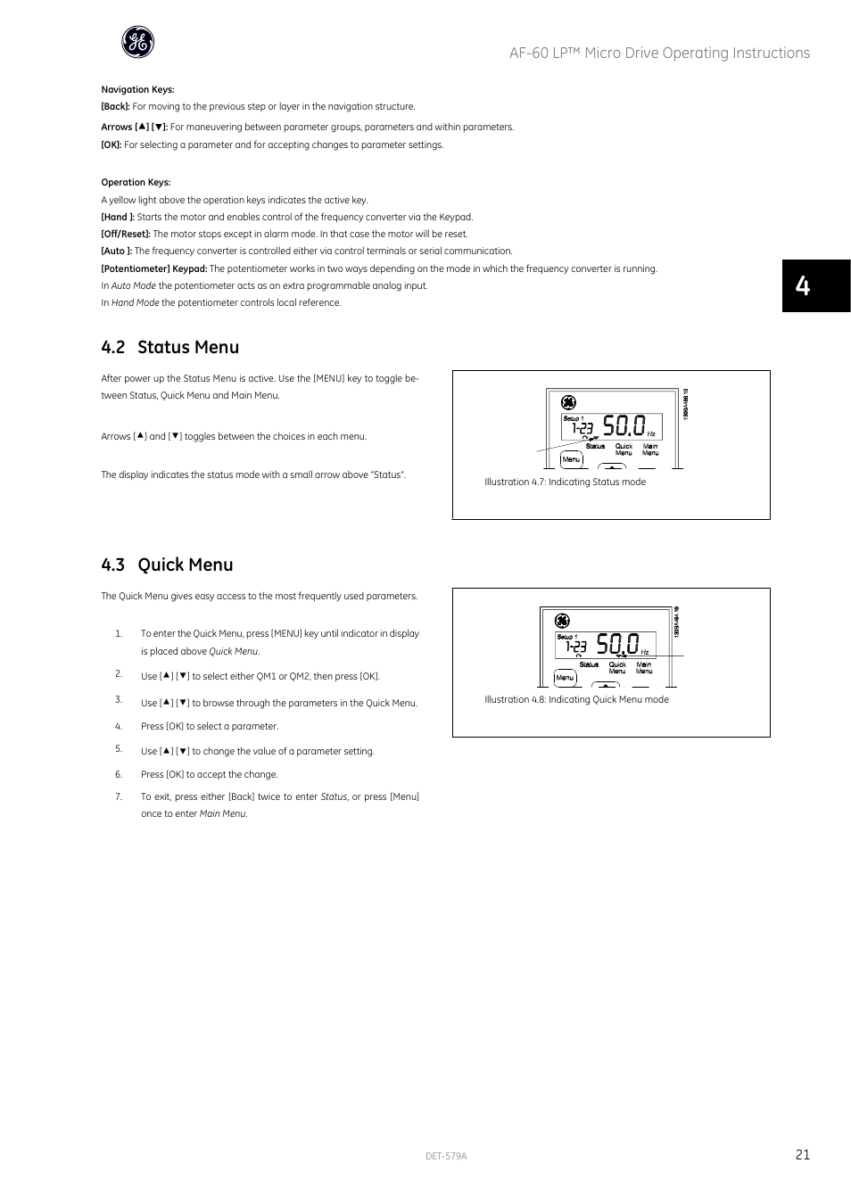 2 status menu, 3 quick menu, Af-60 lp™ micro drive operating instructions | GE Industrial Solutions AF-60 LP Micro Drive Operating Instructions User Manual | Page 22 / 72