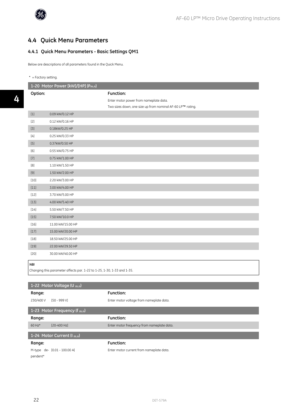 4 quick menu parameters, Af-60 lp™ micro drive operating instructions, 1 quick menu parameters - basic settings qm1 | GE Industrial Solutions AF-60 LP Micro Drive Operating Instructions User Manual | Page 23 / 72