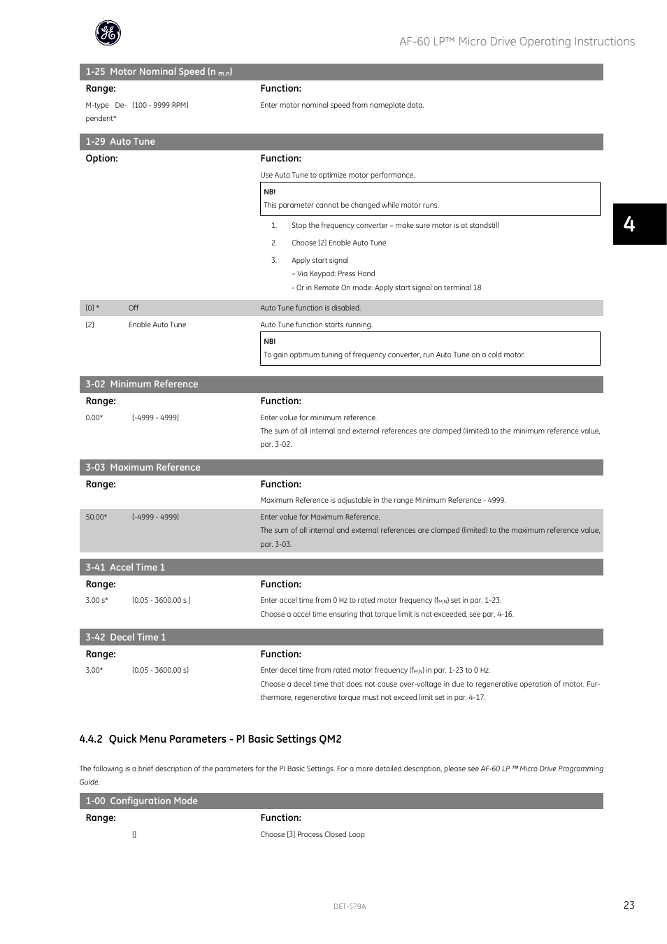 Af-60 lp™ micro drive operating instructions, 2 quick menu parameters - pi basic settings qm2 | GE Industrial Solutions AF-60 LP Micro Drive Operating Instructions User Manual | Page 24 / 72
