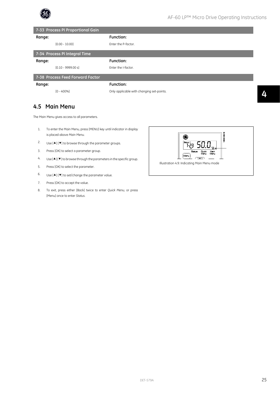 5 main menu, Af-60 lp™ micro drive operating instructions | GE Industrial Solutions AF-60 LP Micro Drive Operating Instructions User Manual | Page 26 / 72