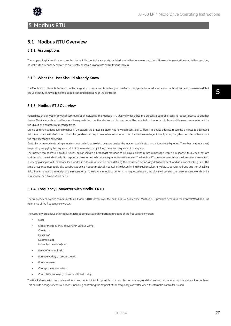 5 modbus rtu, 1 modbus rtu overview | GE Industrial Solutions AF-60 LP Micro Drive Operating Instructions User Manual | Page 28 / 72
