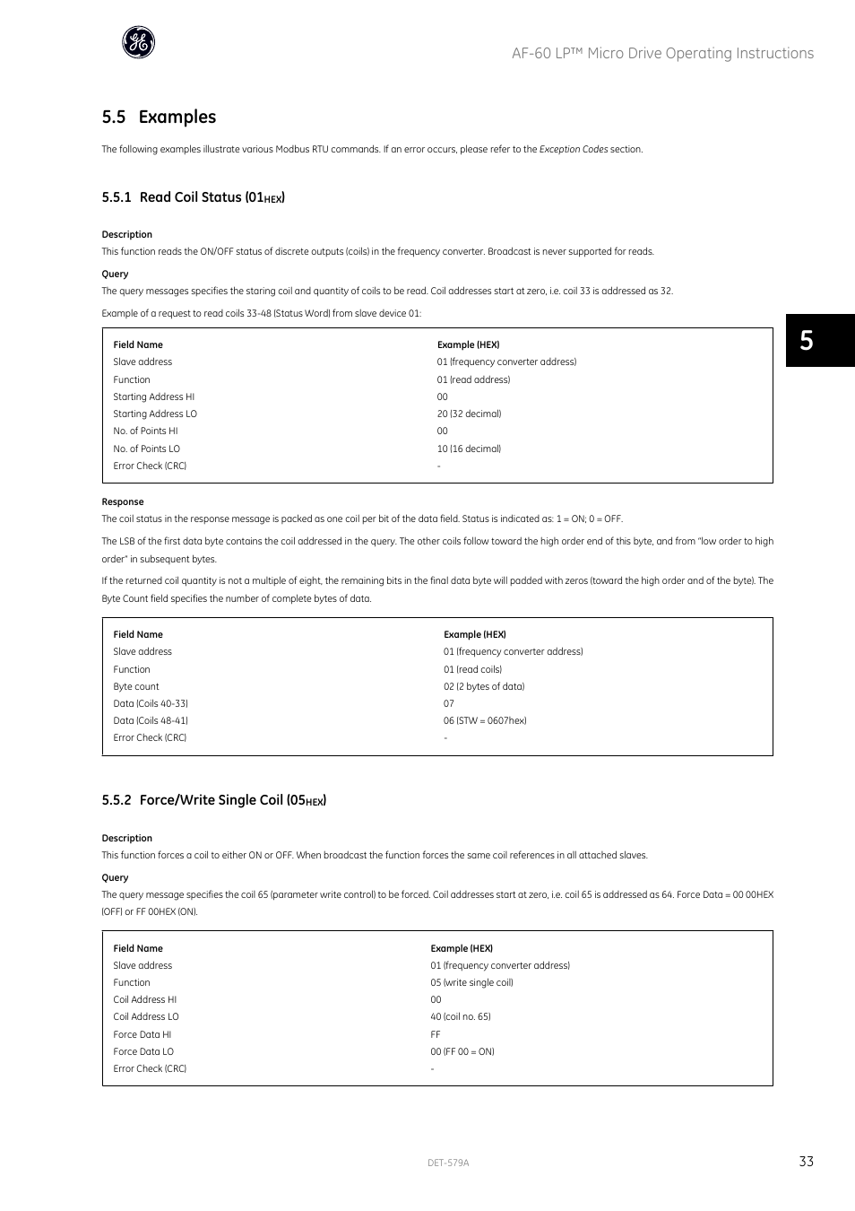 5 examples, Af-60 lp™ micro drive operating instructions, 1 read coil status (01 | 2 force/write single coil (05 | GE Industrial Solutions AF-60 LP Micro Drive Operating Instructions User Manual | Page 34 / 72