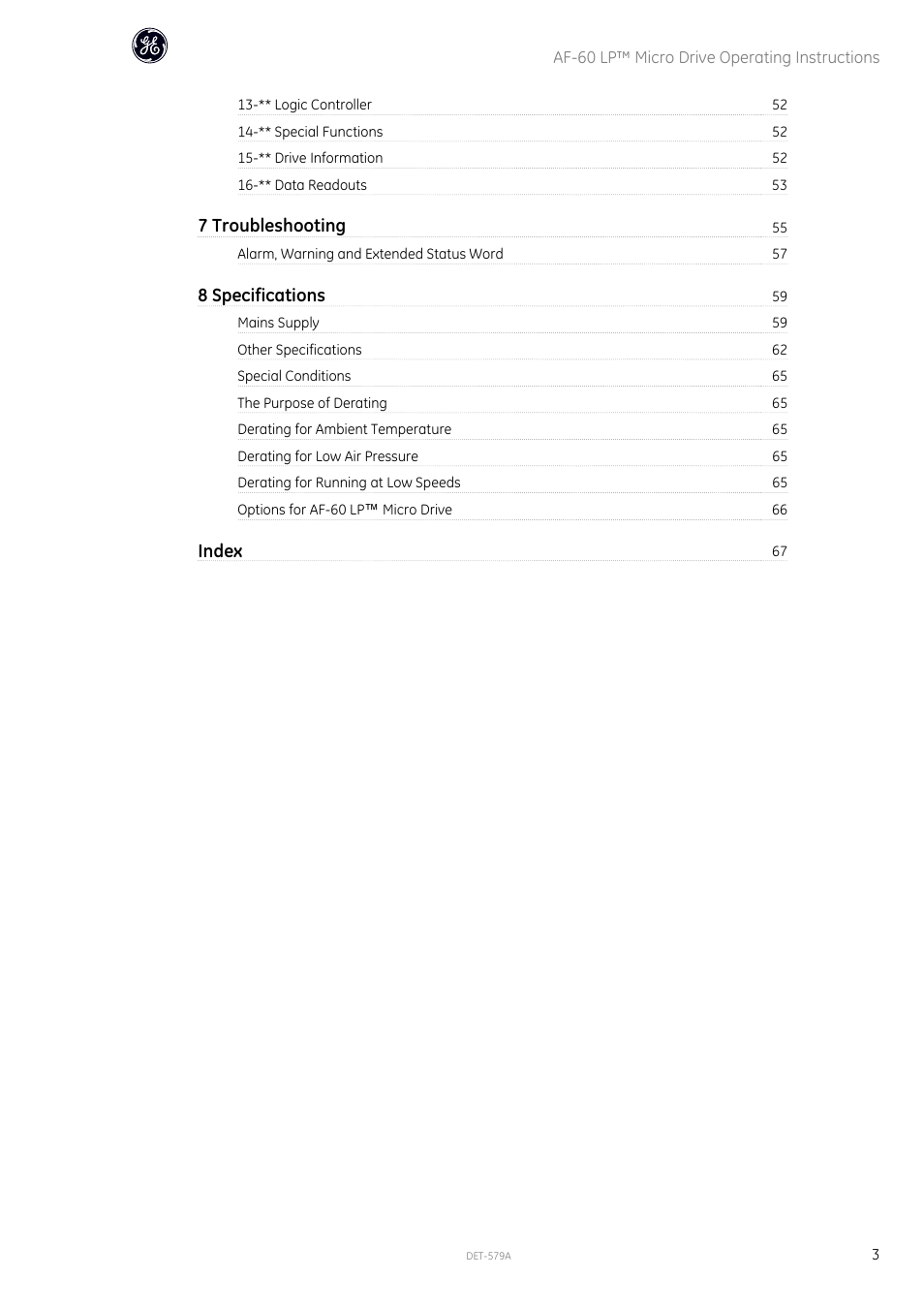 7 troubleshooting, 8 specifications, Index | GE Industrial Solutions AF-60 LP Micro Drive Operating Instructions User Manual | Page 4 / 72