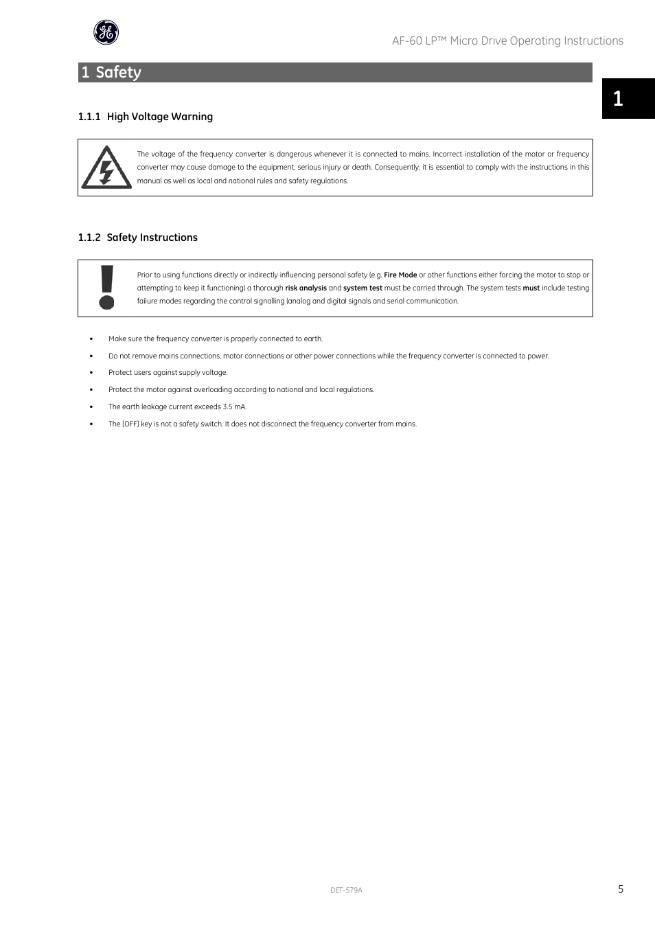 1 safety | GE Industrial Solutions AF-60 LP Micro Drive Operating Instructions User Manual | Page 6 / 72