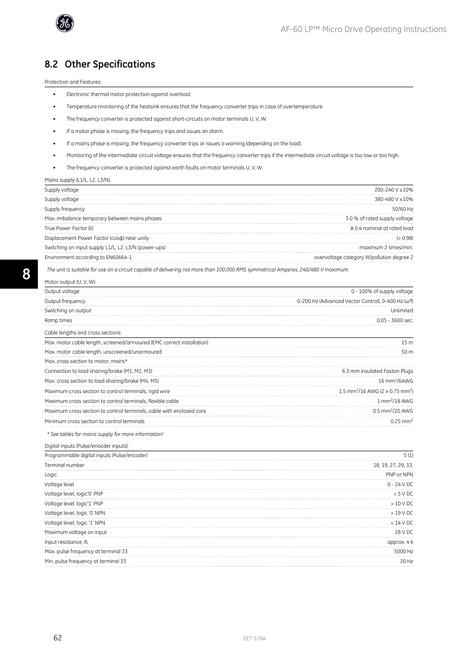2 other specifications, Af-60 lp™ micro drive operating instructions | GE Industrial Solutions AF-60 LP Micro Drive Operating Instructions User Manual | Page 63 / 72