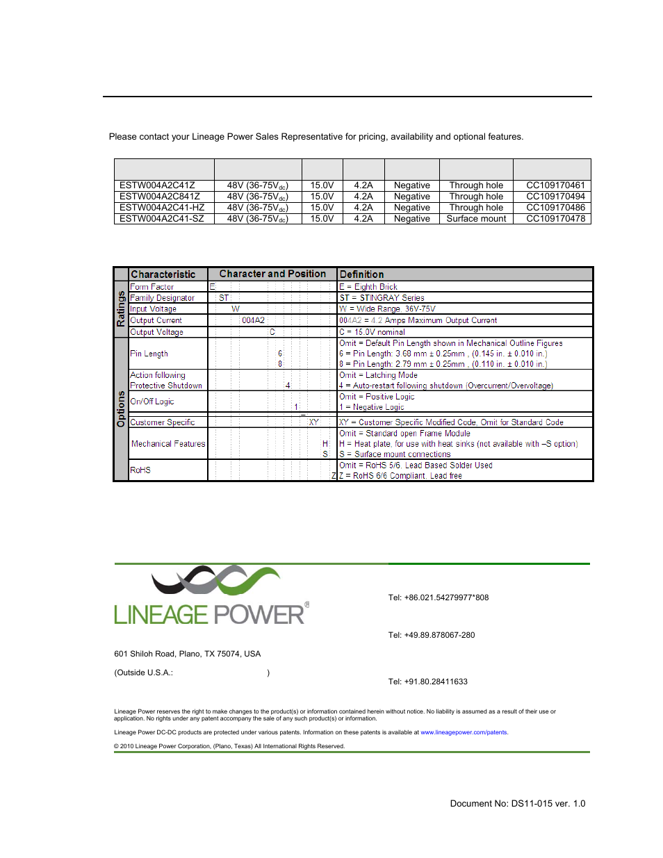Input; 15.0v, Output, Ordering information | GE Industrial Solutions ESTW004A2C Series User Manual | Page 18 / 18