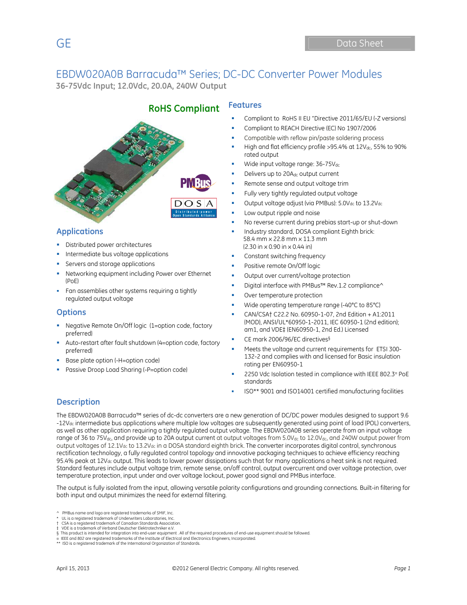 GE Industrial Solutions EBDW020A0B Barracuda Series User Manual | 32 pages