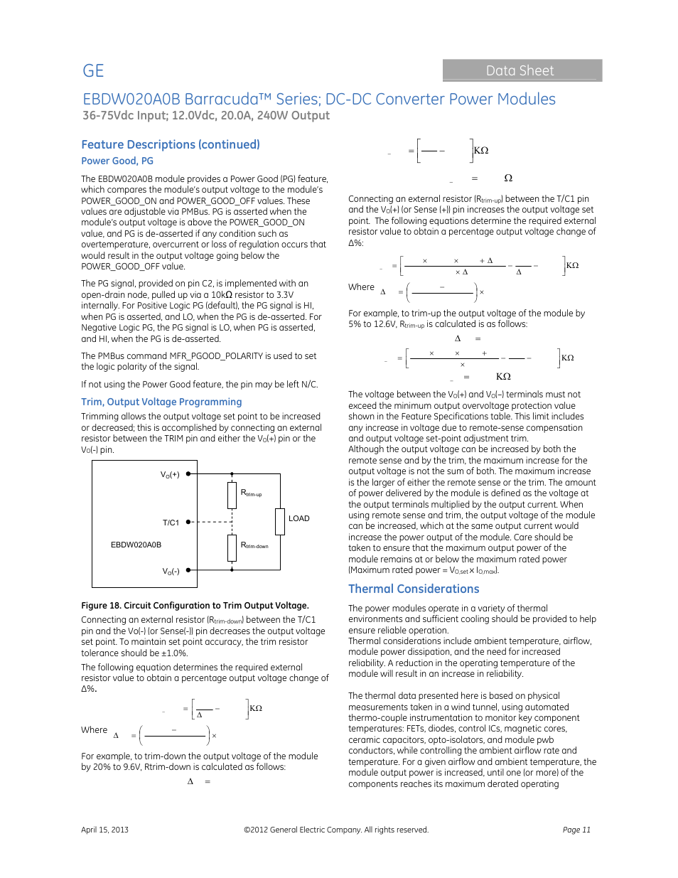 Data sheet, Feature descriptions (continued), Thermal considerations | GE Industrial Solutions EBDW020A0B Barracuda Series User Manual | Page 11 / 32