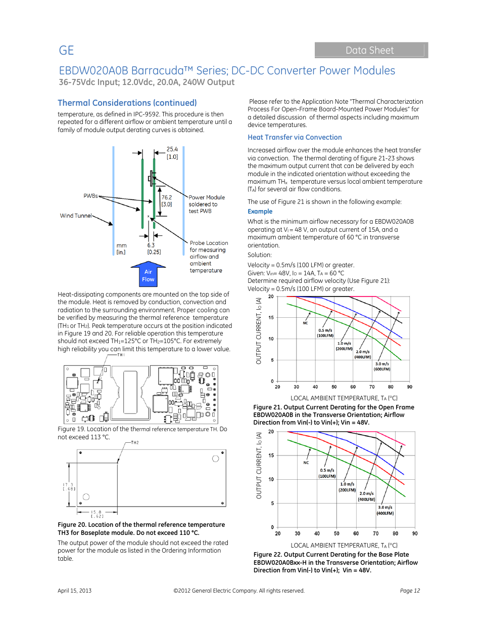 Data sheet, Thermal considerations (continued) | GE Industrial Solutions EBDW020A0B Barracuda Series User Manual | Page 12 / 32