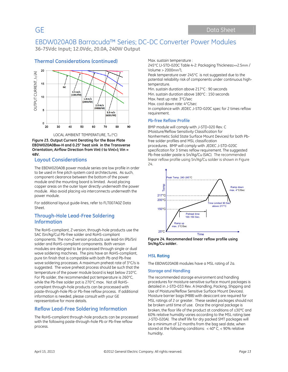 Data sheet, Thermal considerations (continued), Layout considerations | Through-hole lead-free soldering information, Reflow lead-free soldering information | GE Industrial Solutions EBDW020A0B Barracuda Series User Manual | Page 13 / 32