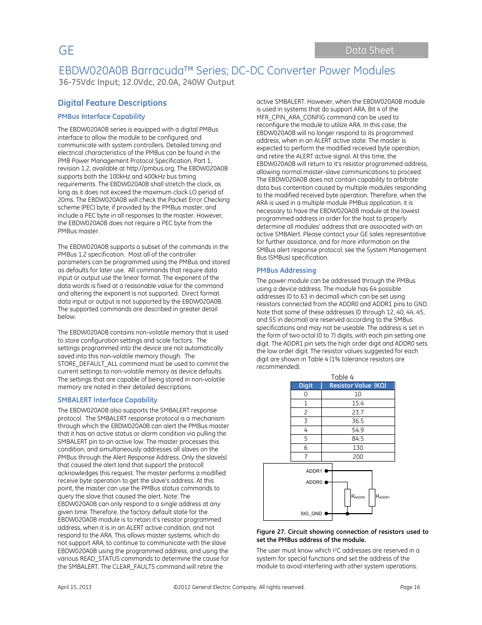 Data sheet, Digital feature descriptions | GE Industrial Solutions EBDW020A0B Barracuda Series User Manual | Page 16 / 32