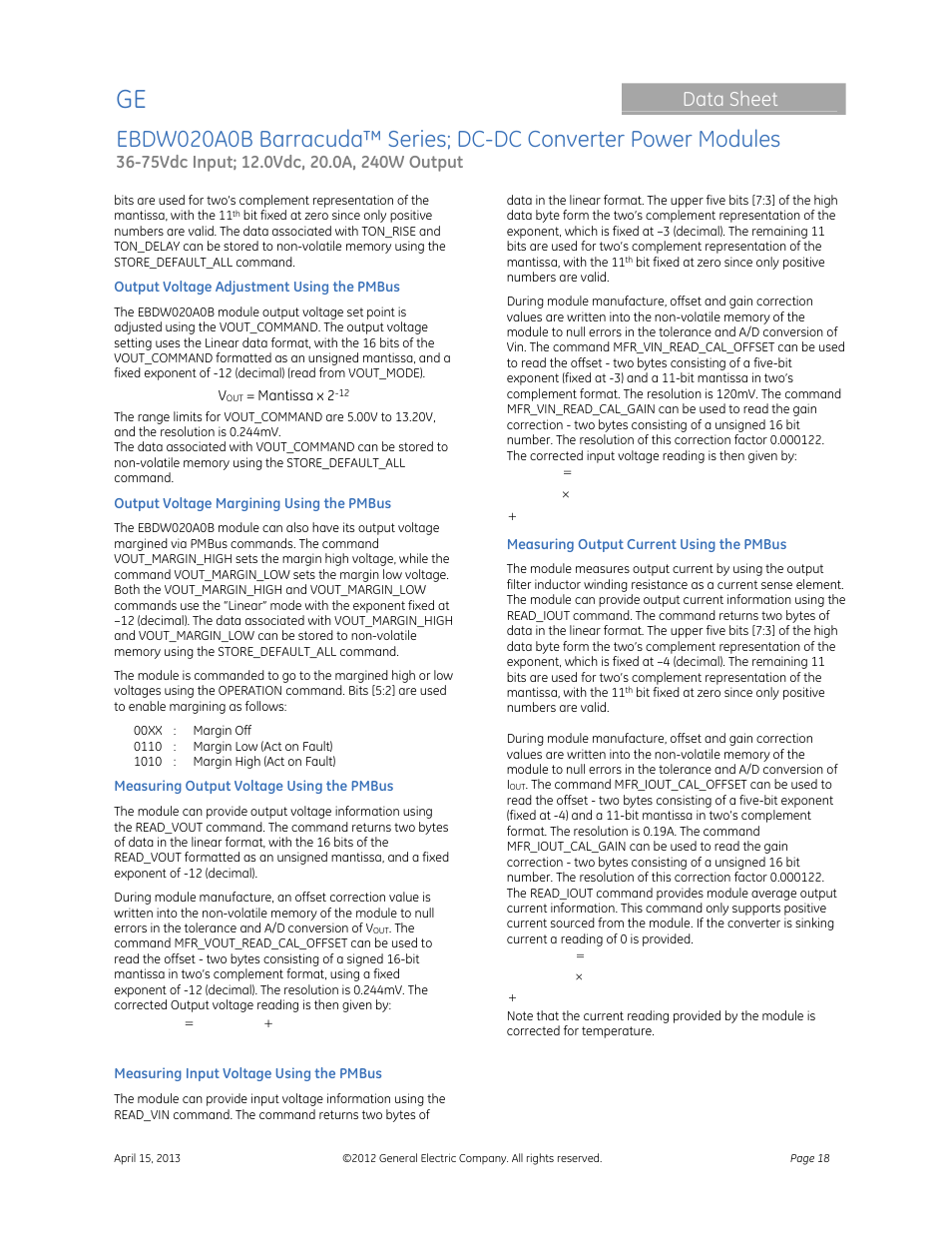 Data sheet | GE Industrial Solutions EBDW020A0B Barracuda Series User Manual | Page 18 / 32