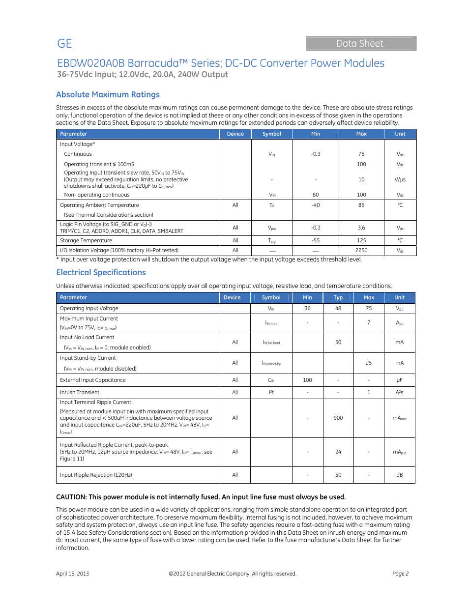 Data sheet, Absolute maximum ratings, Electrical specifications | GE Industrial Solutions EBDW020A0B Barracuda Series User Manual | Page 2 / 32