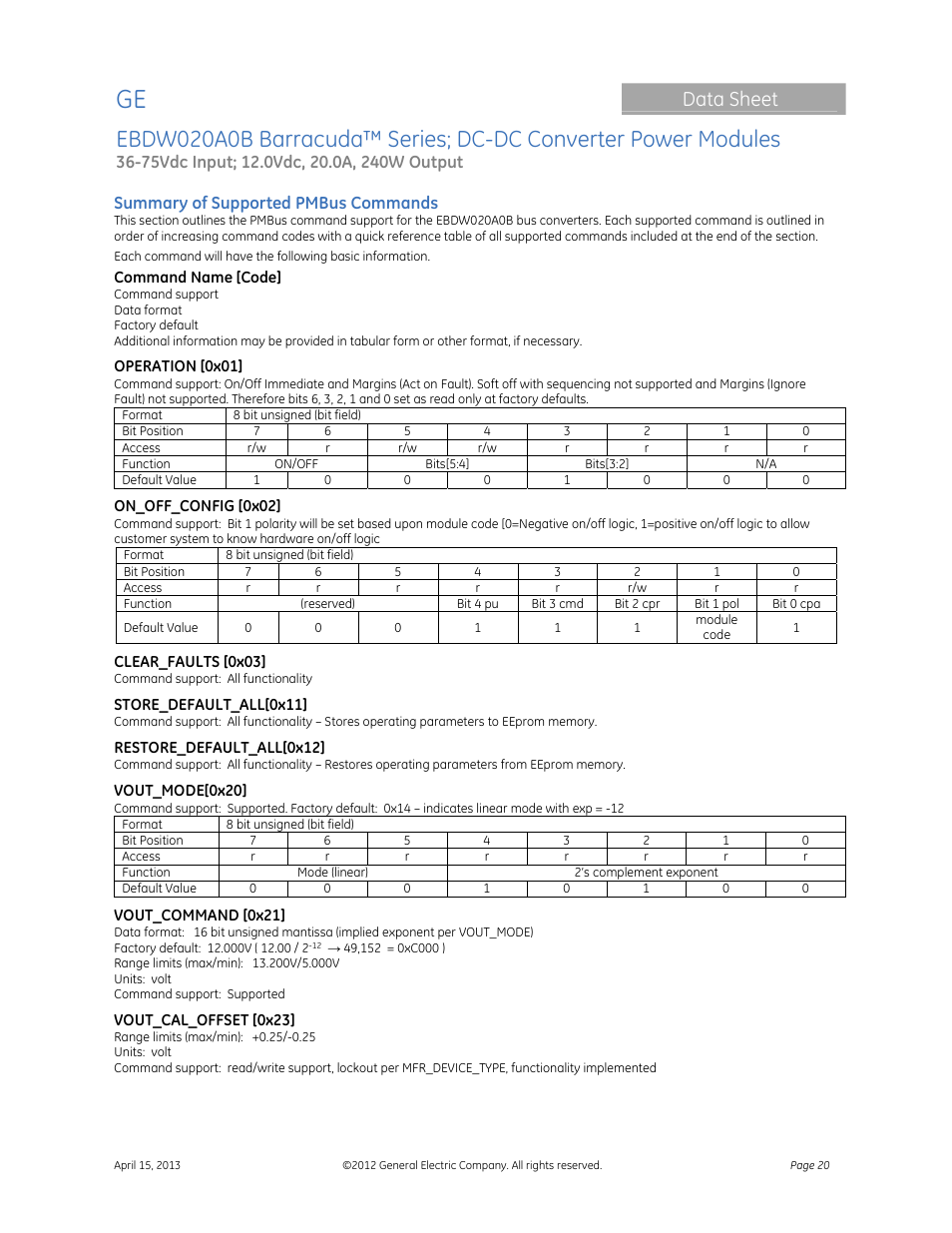 Data sheet | GE Industrial Solutions EBDW020A0B Barracuda Series User Manual | Page 20 / 32