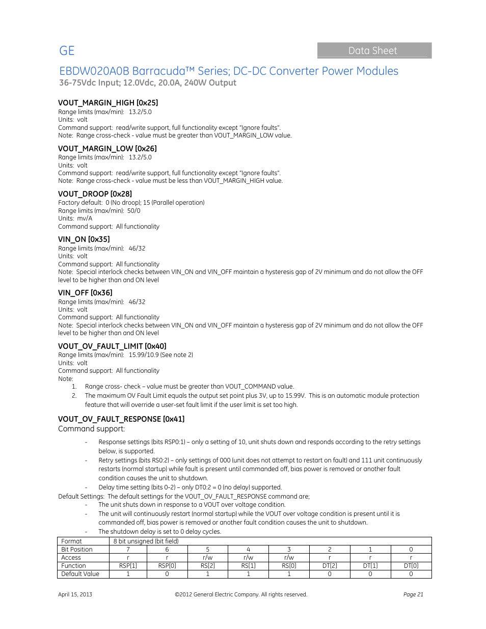 Data sheet | GE Industrial Solutions EBDW020A0B Barracuda Series User Manual | Page 21 / 32