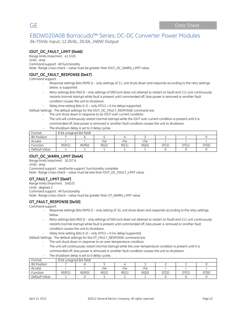 Data sheet | GE Industrial Solutions EBDW020A0B Barracuda Series User Manual | Page 22 / 32