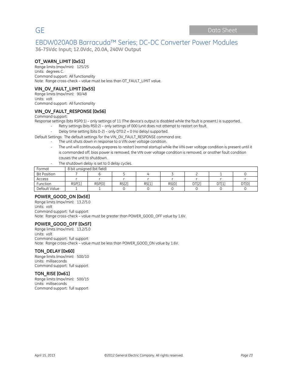 Data sheet | GE Industrial Solutions EBDW020A0B Barracuda Series User Manual | Page 23 / 32