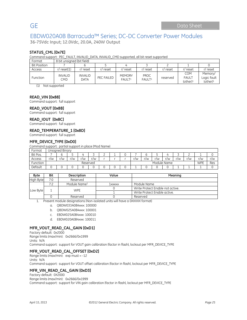 Data sheet | GE Industrial Solutions EBDW020A0B Barracuda Series User Manual | Page 25 / 32